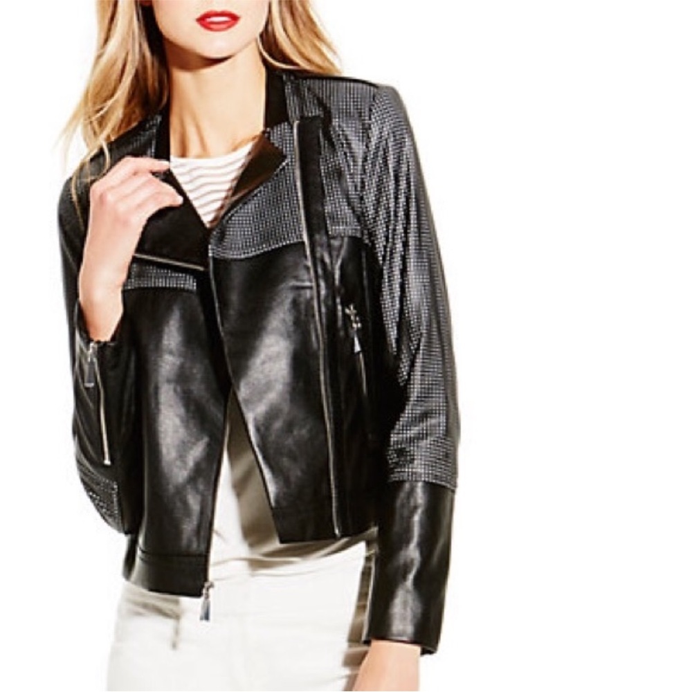 NEW Vince Camuto Short Black Faux Leather Biker Jacket Moto Bikercore L‎